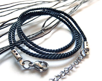 Black braided cord necklace 2 mm 35/40/45/50/60/70/80/90 cm stainless steel clasp with extension chain