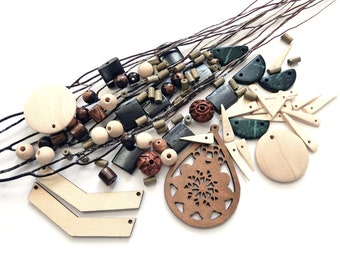 Lot de perles de style ethnique perles en bois et os pendentif bois ajouré