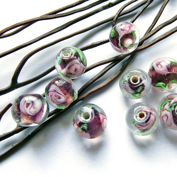 Perles 7 mm fleur Lampwork mauve verre