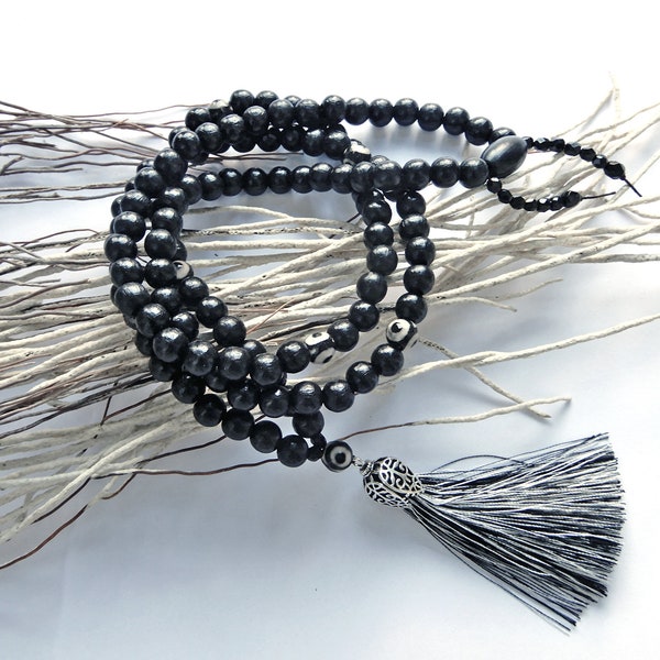 Sautoir pompon Bohème chic perles bois noir et Agate tibétaine Dzi collier style mala