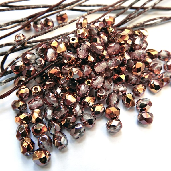 Perles de Bohême 4 mm rose or polies au feu verre facettes Tchèque