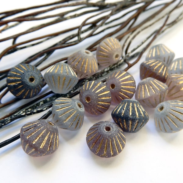 Bohemian beads 10 mm sandblasted glass mix purple mauve gold Czech lanterns