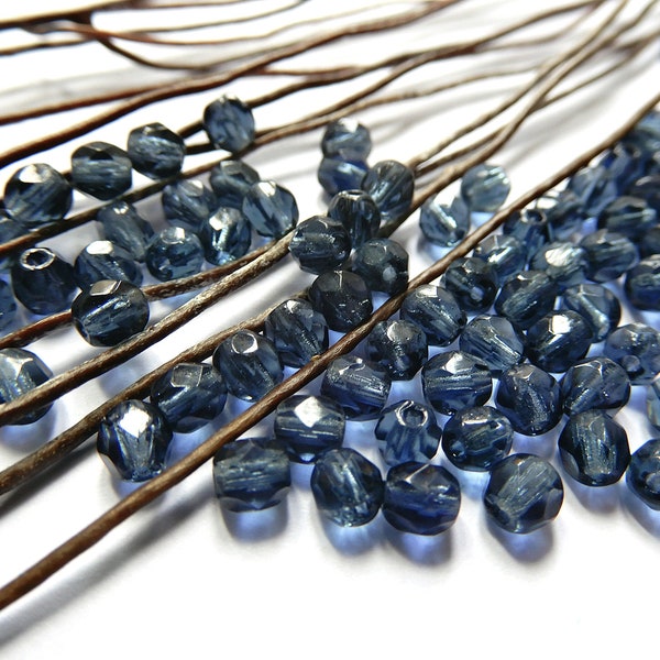 Perles 4 mm facettes verre de Bohême bleu gris Montana polies au feu Tchèque