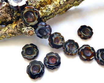 Perles verre de Bohême 14 mm fleur hawaïenne noir marron beige Tchèque