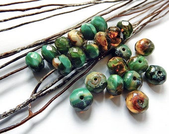 Perles 9 mm verre de Bohême Tchèque vert marron ambré facettes Picasso polies au feu