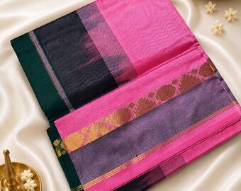 Kanchi plain pure silk cotton saree with contrast blouse