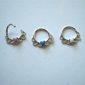 Septum ring/hoop, Opal stone, 16g, 5/16&quot;, Bendable, white, pink, blue