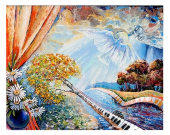 May include: A painting depicting a landscape with a white dove flying towards a face in the clouds. A piano keyboard is on the ground, and a tree with yellow leaves is in the foreground. A vase with white daisies is in the lower left corner.