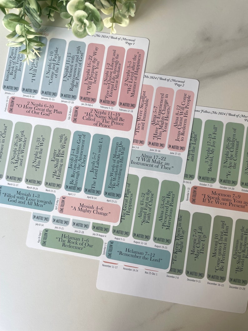May include: A set of colorful printable stickers with scripture verses from the Book of Mormon. Each sticker features a different verse and a corresponding month of the year. The stickers are designed to help people follow along with the Come Follow Me program.