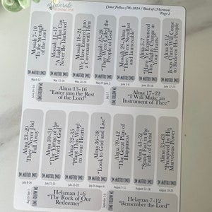 May include: A white printable calendar with the text "Come Follow Me 2024 (Book of Mormon) Page 2" at the top. The calendar is divided into monthly sections with scripture references for each day. The scripture references are from the Book of Mormon.