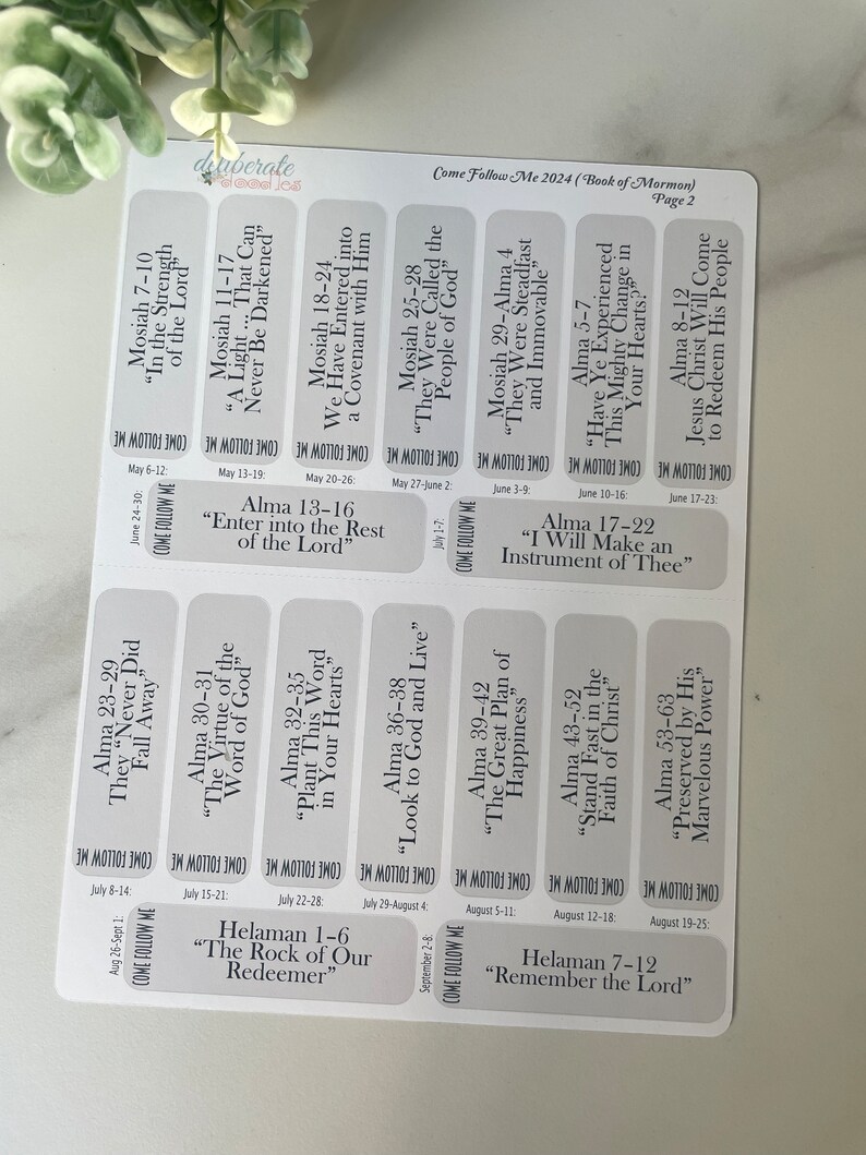 May include: A white printable calendar with the text "Come Follow Me 2024 (Book of Mormon) Page 2" at the top. The calendar is divided into monthly sections with scripture references for each day. The scripture references are from the Book of Mormon.
