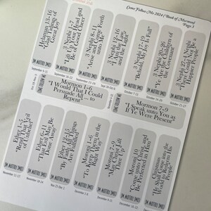 May include: A set of printable stickers with quotes from the Book of Mormon for the Come Follow Me program. Each sticker features a different scripture reference and quote. The stickers are designed to be used as a visual reminder of the weekly scripture study.
