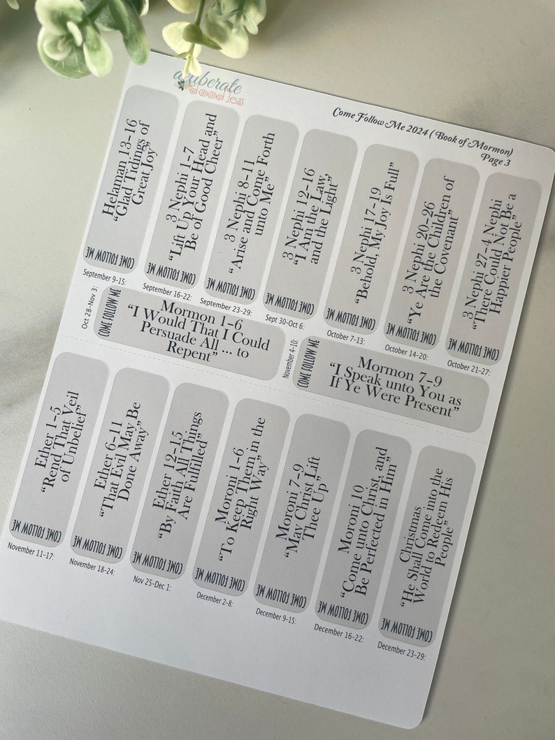 May include: A set of printable stickers with quotes from the Book of Mormon for the Come Follow Me program. Each sticker features a different scripture reference and quote. The stickers are designed to be used as a visual reminder of the weekly scripture study.