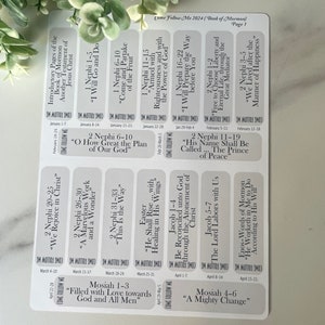 May include: A set of printable stickers with daily scripture readings from the Book of Mormon. Each sticker features a different scripture reference and a short phrase summarizing the passage. The stickers are designed to be used as a daily devotional tool.