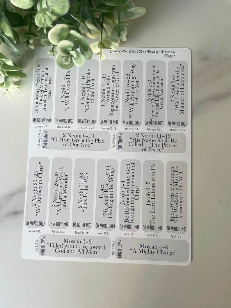 May include: A set of printable stickers with daily scripture readings from the Book of Mormon. Each sticker features a different scripture reference and a short phrase summarizing the passage. The stickers are designed to be used as a daily devotional tool.