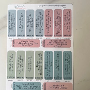 May include: A set of colorful stickers with the text "Come Follow Me 2024 (Book of Mormon) Page 1" at the top. The stickers are divided into 12 sections, each with a different scripture reference and a short phrase. The stickers are designed to be used as a visual aid for studying the Book of Mormon.