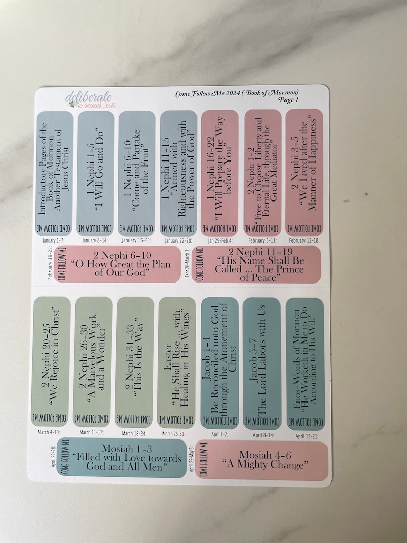 May include: A set of colorful stickers with the text "Come Follow Me 2024 (Book of Mormon) Page 1" at the top. The stickers are divided into 12 sections, each with a different scripture reference and a short phrase. The stickers are designed to be used as a visual aid for studying the Book of Mormon.