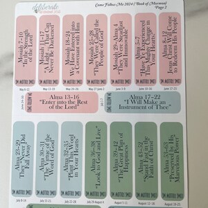 May include: A set of colorful printable stickers with scripture references and quotes from the Book of Mormon. The stickers are organized by month and include the Come Follow Me program schedule for 2024.