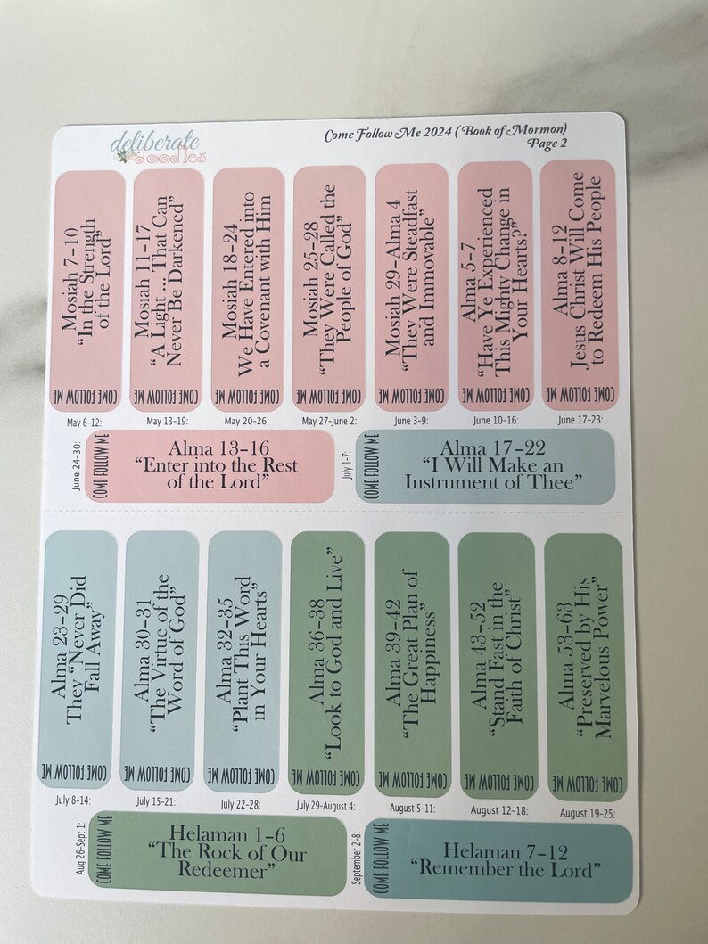May include: A set of colorful printable stickers with scripture references and quotes from the Book of Mormon. The stickers are organized by month and include the Come Follow Me program schedule for 2024.