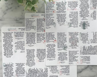May include: A set of 10 colorful cards with inspirational quotes from the Book of Mormon. Each card features a different quote and a floral design. The cards are printed on white cardstock and are perfect for journaling, scrapbooking, or gift giving.