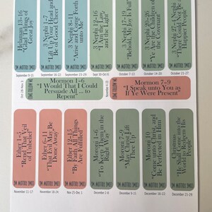 May include: A set of 10 colorful stickers with quotes from the Book of Mormon. Each sticker features a different scripture reference and a quote from the Book of Mormon. The stickers are designed to be used as a visual reminder of the scriptures.