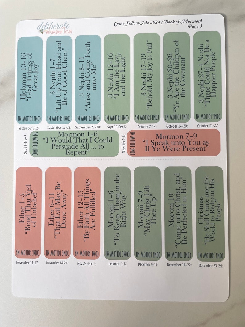 May include: A set of 10 colorful stickers with quotes from the Book of Mormon. Each sticker features a different scripture reference and a quote from the Book of Mormon. The stickers are designed to be used as a visual reminder of the scriptures.