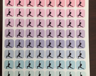 Könnte beinhalten: Ein Bogen mit 63 Aufklebern, die eine Silhouette einer Person in einer Yoga-Pose zeigen. Die Aufkleber sind in Reihen zu sieben angeordnet und in den Farben Rosa, Lila, Blau und Grün gehalten.