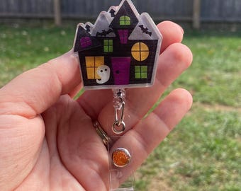 Haunted house badge reel, spooky, ghost, Halloween, badge reel