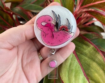 Badge reel, flamingo, summer