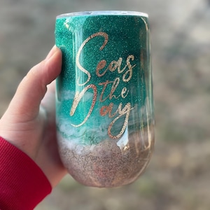 Seas the Day, sea turtle stemless wine tumbler with glitter REAL SAND