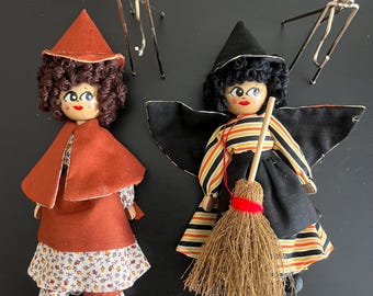 Vintage Handmade Clothespin Halloween Witches Witch Dolls