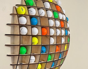 Golf ball display in the shape of a ball! This spherical wall shelf will hold up to 78 golf balls! Great for collectors!