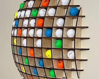 Golf ball display in the shape of a ball! This spherical wall shelf will hold up to 78 golf balls! Great for collectors!