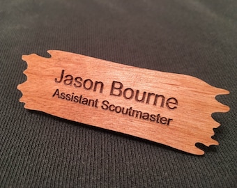 Alder wood name badge, can personalize with logo for extra fee. Wooden driftwood shape name tag. Tags badges