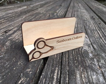 Barber / Stylist wooden business card holder w/ scissors. Perfect hair stylist graduation gift for your favorite hair care professional!