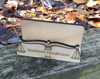 Attorney desktop business card holder. Perfect graduation gift for lawyers and attorneys! Scales of Justice personalized card holder.