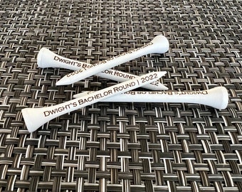 25 Custom engraved 2.75" golf tees, perfect for wedding favors, corporate events, promotional products, bachelor parties!  White tees only.