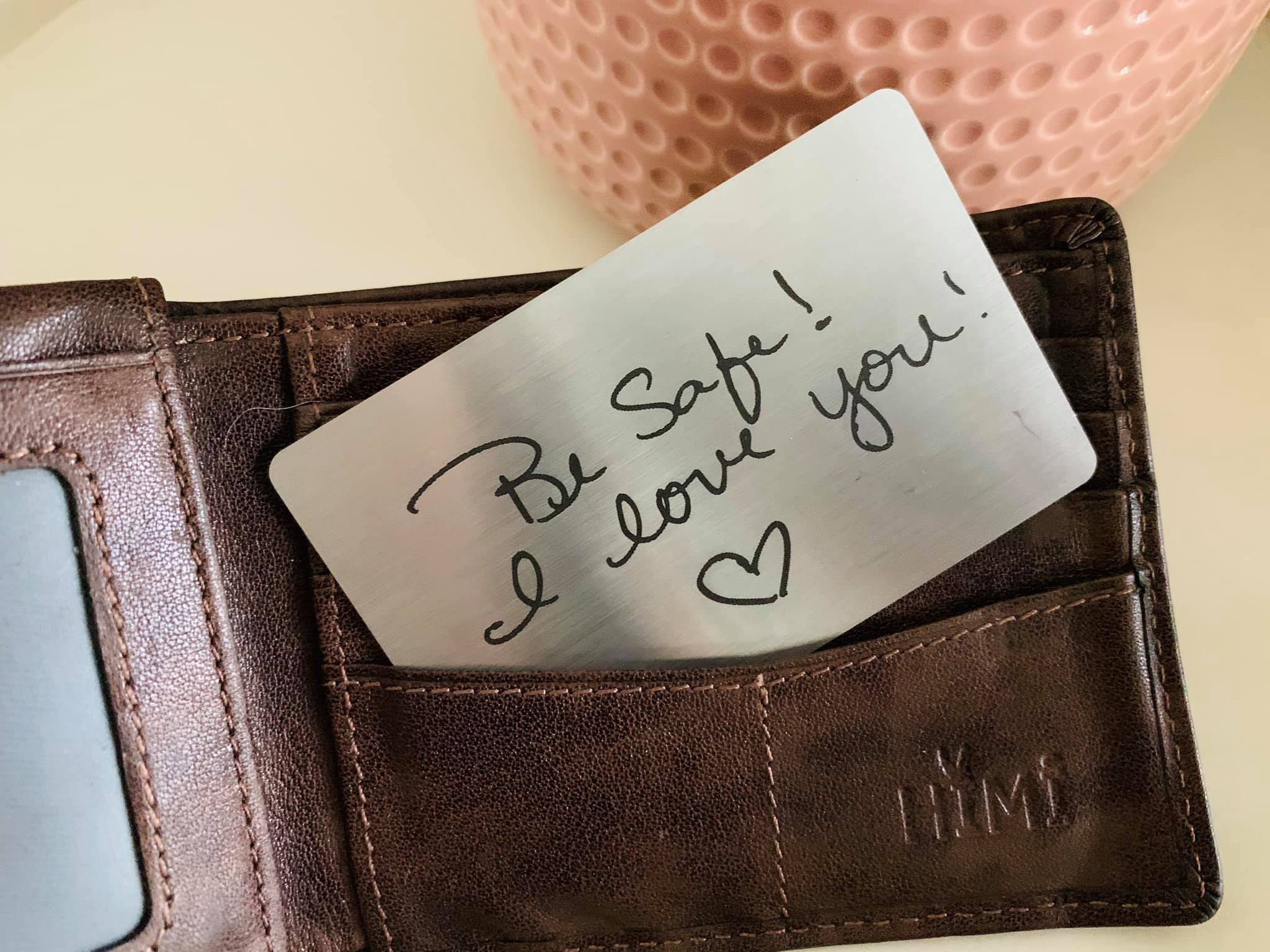 Handwriting gift, keepsake, fathers day, mothers day, handwriting steel, handwriting engraved, handwriting keepsake, handwriting wallet card