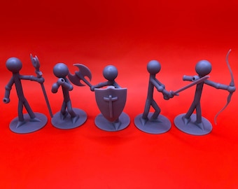 Resin Stick Figurines with Equipable Weapons for Tabletop | Role Playing Game Characters | 3D Printed Stick Figures w/ Interchangeable Items