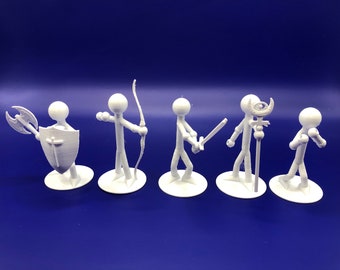 Stick Figurines with Equipable/Interchangable Weapons for Tabletop | Role Playing Game Characters | 3D Printed Stick Figures | Set 1