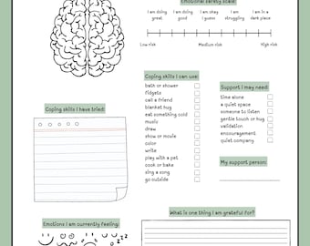 May include: A mental health minute worksheet with the title at the top. The worksheet includes sections for an emotional safety scale, coping skills, emotions, and gratitude. A brain illustration is at the top left.