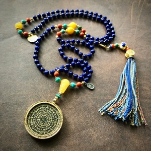 Lapis Lazuli Tibetan Mala with Mantra Mandala Thangka Necklace