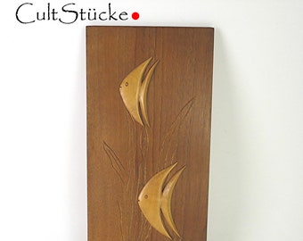 Vintage 60s Fish Wall Decoration Picture Wooden Picture Wood Sculpture Relief Carving Art Mid Century Living Interior Made in Germany