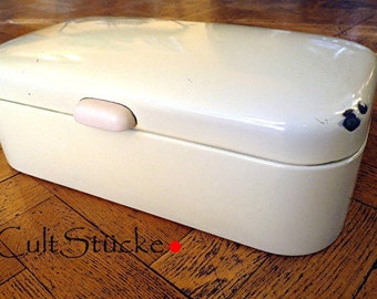 Shabby 50s feiner Emaille Brotkasten Aufbewahrung creme + Brotbeutel Originalzustand Vintage Wohninterieur Made in Germany