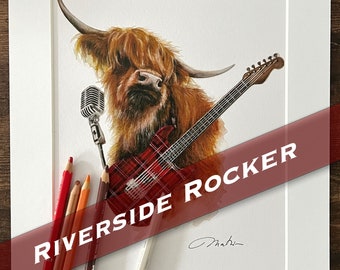 Rockers au bord de la rivière (Impression d’art) | Impression de vache des Highlands | Art de la vache des Highlands | Illustration écossaise de décor de maison de vache des Highlands | Art mural écossais