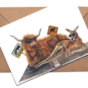 Pas de soucis, pas de précipitation, juste des lunettes de soleil Outback (carte de vœux) | Carte de vache des Highlands | Carte Kangourou | Carte écossaise