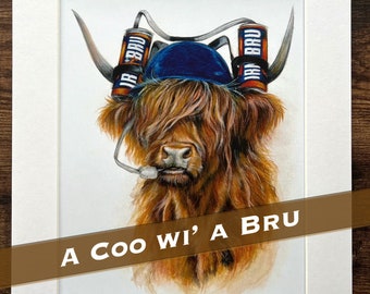 A Coo wi' a Bru (Art Print) | Highland Cow Print | Highland Cow Art | Scottish Highland Cow Home Decor Illustration | Scottish Wall Art