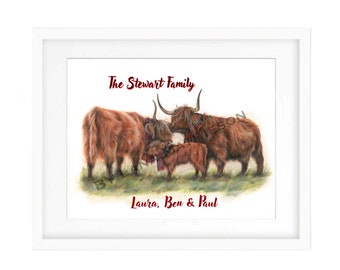 Personalised Highland Cow Family Name Print | Highland Cow Family Names Custom Print | Highland Cattle Family Print | Bespoke Family Print