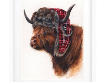 The Lumberjack (Art Print) | Highland Cow Print | Highland Cow Art | Scottish Highland Cow Home Decor Illustration | Scottish Wall Art