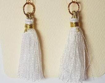 Earrings White Fiber Tassel & Goldplate